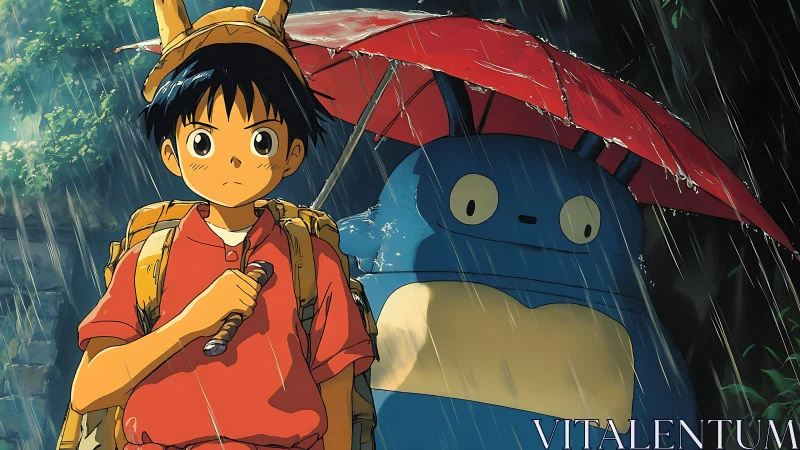 Boy and blue forest creature share red umbrella in rain