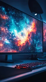 Ultrawide monitor desk setup with nebula display image.