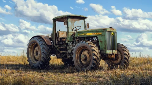Weathered green tractor on dry field under cumulus clouds