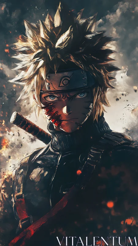 Cinematic anime warrior portrait in fiery battle atmosphere.