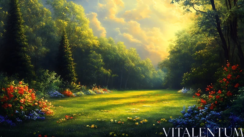 Sunlit Forest Clearing with Vibrant Flowers, Lush Fantasy Style.