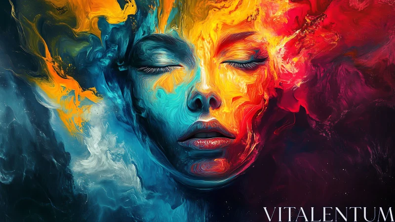 Symmetrical abstract human face in dual color fields.