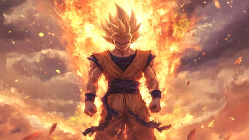 Fiery warrior rising within a storm of golden power.