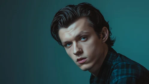 Moody teal portrait shows introspective young man gazing.
