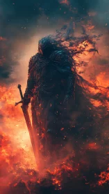 Armored infernal knight emerges through dynamic flame plumes