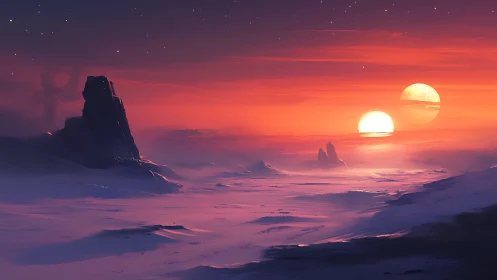 Twin suns ignite frozen alien desert in crimson dusk