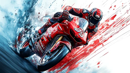 Red racing motorcycle carving through speed and color.