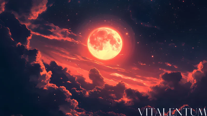 Full moon over red illuminated clouds in night sky.