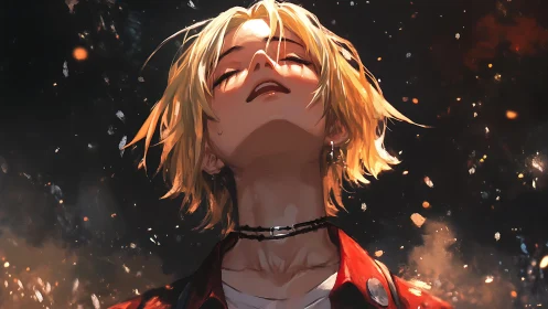 Blond youth in ember-lit night rendered in dramatic anime style