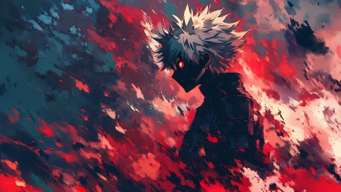 White haired figure stands in blazing red abstract storm