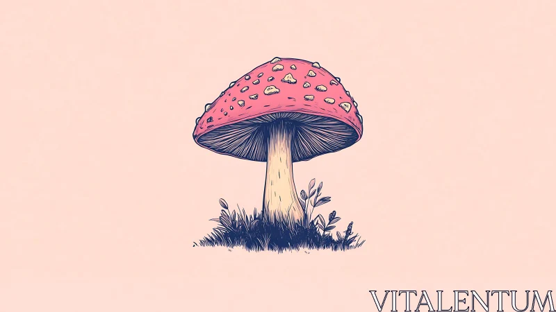 Stylized pink toadstool illustration with clean pastel field.