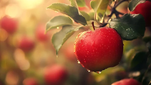 Macro study of dew‑laden apple under warm backlighting.