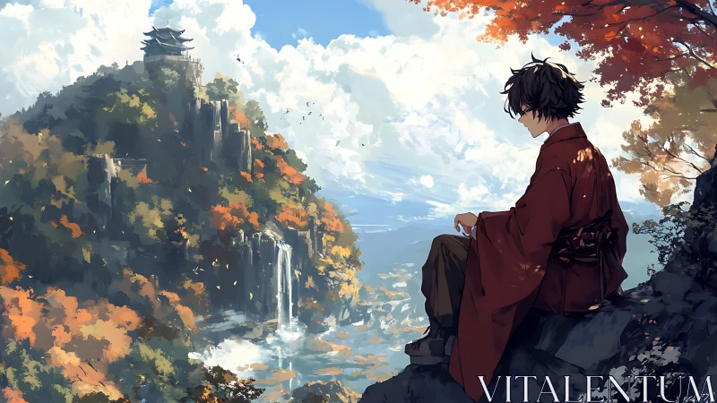 Autumn-clad wanderer overlooking distant waterfall shrine.