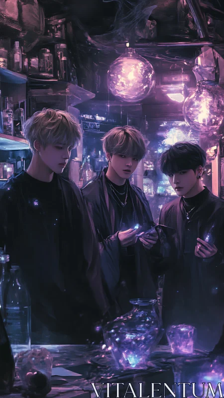 Mystical trio studies glowing artifacts in neon-lit lab.