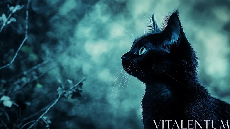 Black Cat with Luminous Eyes in Twilight Forest
