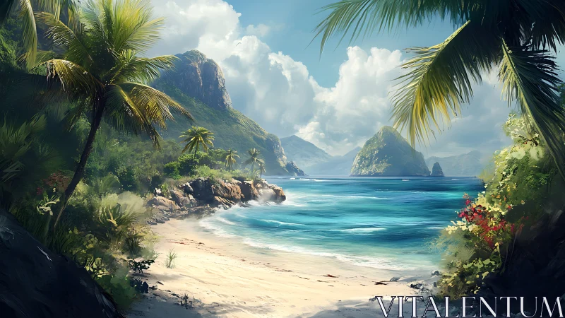 Tropical Coastal Landscape with Mountain Formations and Palm Vegetation.