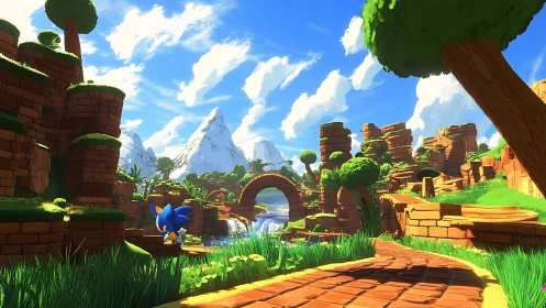 Blue hedgehog in stylized canyon valley landscape scene.