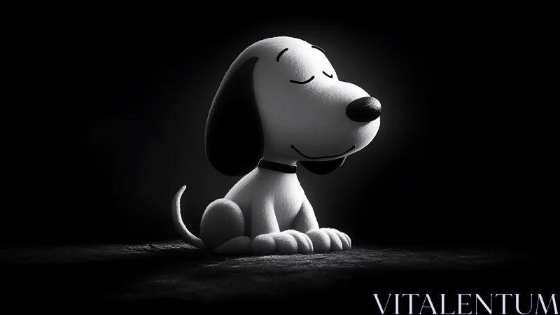 Serene cartoon beagle in spotlight on textured floor.