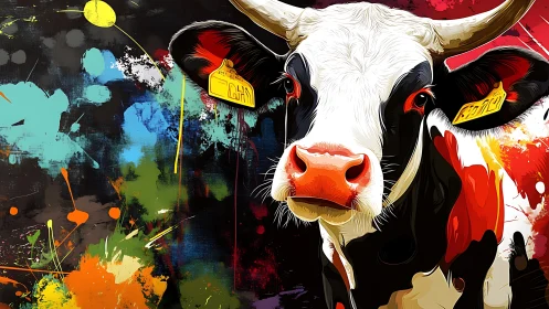 Graphic Holstein portrait against explosive chromatic splatter field