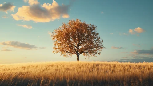 Lone tree in golden field under dramatic sky, natural landscape art.