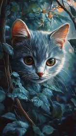 Luminous Forest Cat with Amber Eyes.