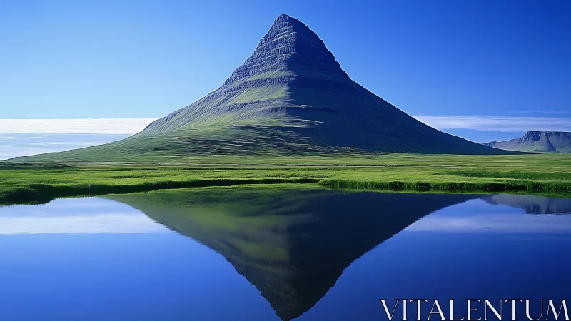 Solitary mountain rises over mirrored lake in crisp light