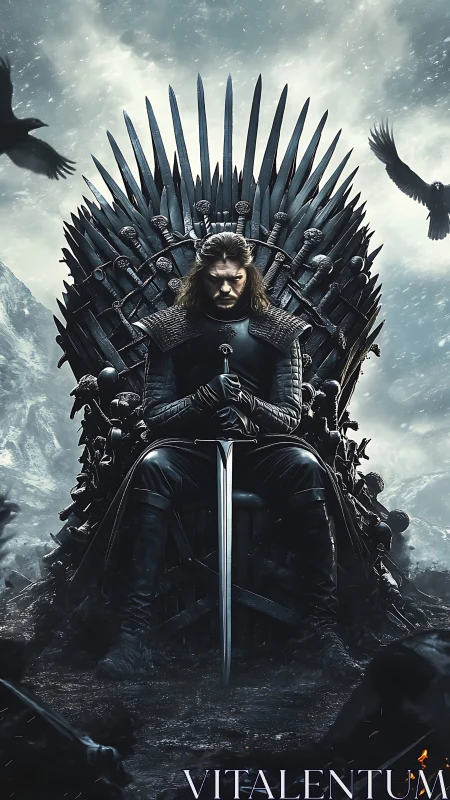 Brooding sword king upon a jagged iron nightmare throne.
