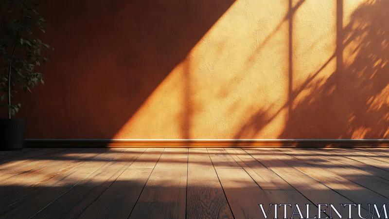 Sunlit orange wall and wooden floor with strong shadows