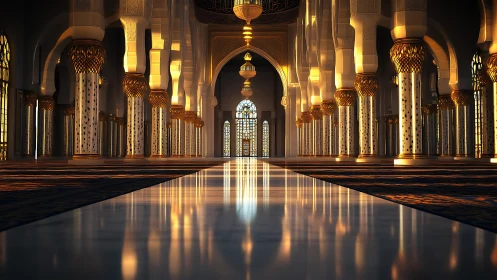 Golden light floods ornate mosque interior at sunset.