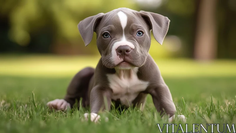 Blue-eyed pitbull pup stretches into a sunlit grass adventure.