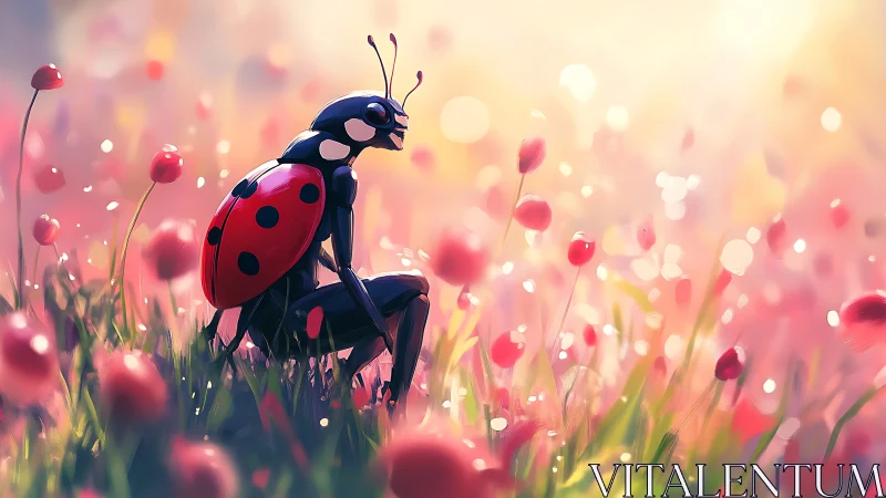 Ladybug humanoid figure in soft pink flower meadow.