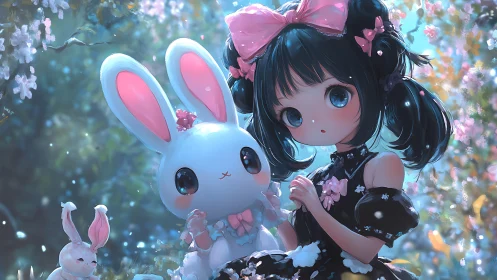 Pastel forest girl with luminous white bunny companions.