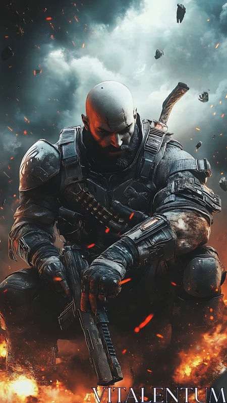 Armored cyber-soldier in infernal battlefield composition.