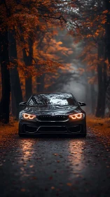 Sporty black car glowing on a misty autumn forest road.