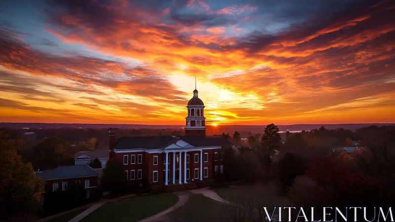 Neoclassical campus hall silhouetted against a saturated sunrise sky