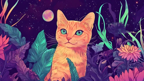 Cosmic Cat with Turquoise Eyes Surrounded by Neon Garden