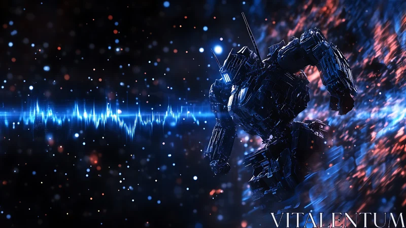 Neon warborn mech punching through a star-spark audio storm.