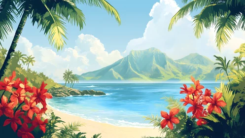 Tropical Paradise Beach with Volcanic Mountain.