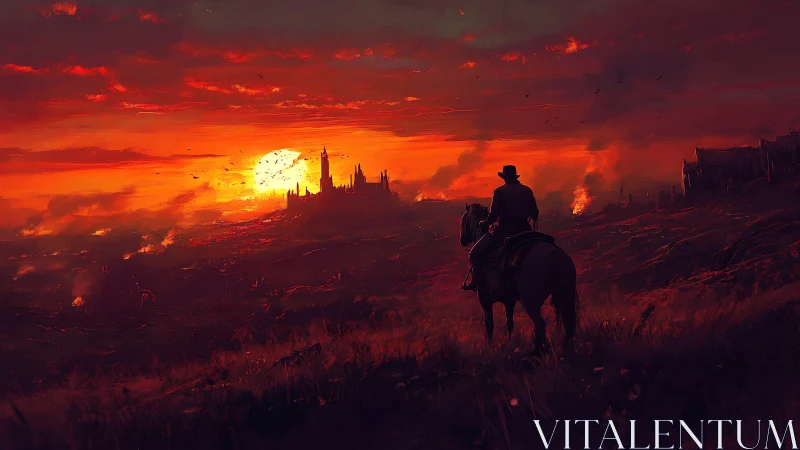 Lone rider watches a burning city beneath a fierce sunset.