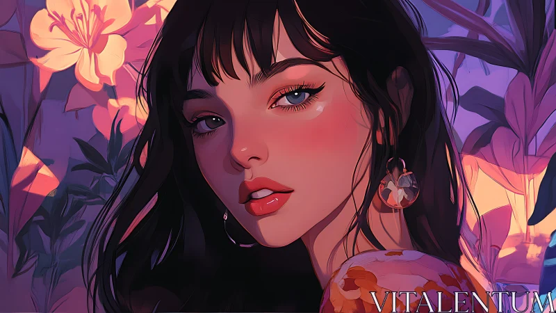 Gaze of a dreamlike girl glows amid neon floral twilight