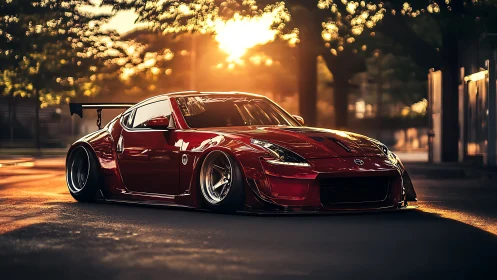 Modified red sports coupe on city street at sunset light.