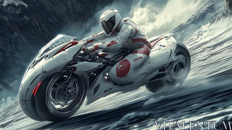 Futuristic motorcycle rider on icy terrain in motion.