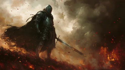 Armored knight stands over burning battlefield in storm