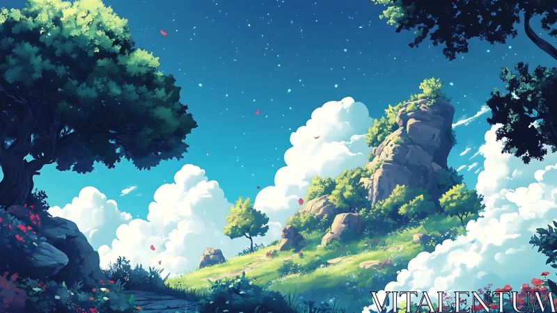 Rocky hillside with trees under bright daytime sky.