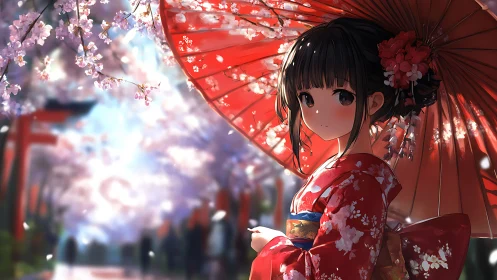 Anime portrait under parasol in sakura-lined shrine path.