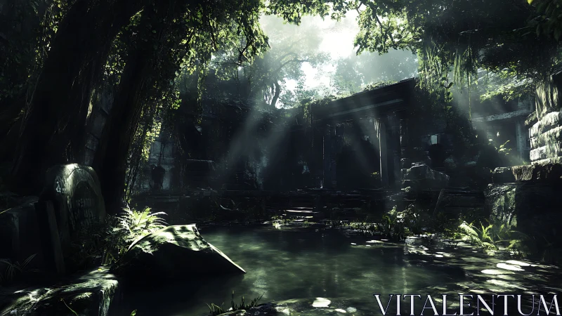 Volumetric sunbeams dissecting overgrown jungle ruins pool.