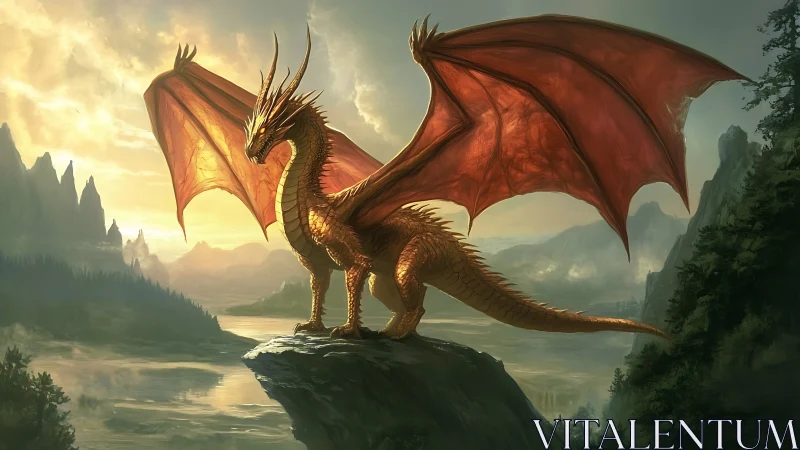 Golden dragon dominates misty valley from cliff edge at dawn