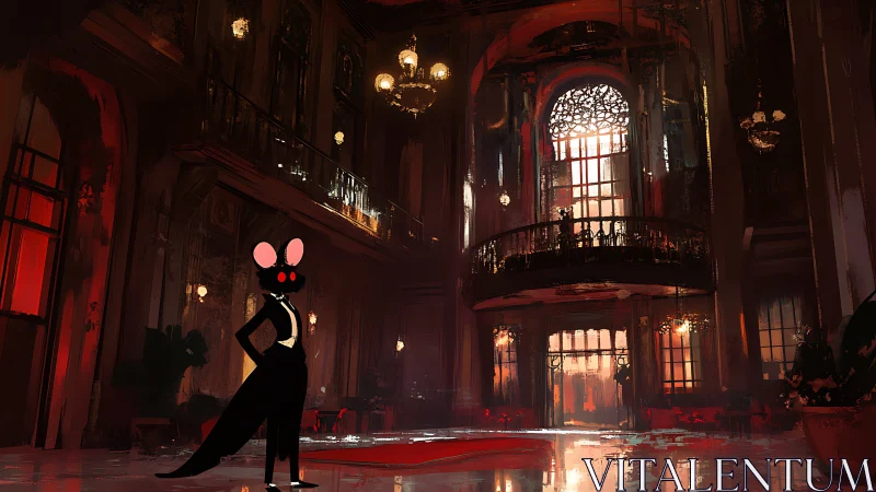 Anthropomorphic rodent host in opulent red-lit atrium.