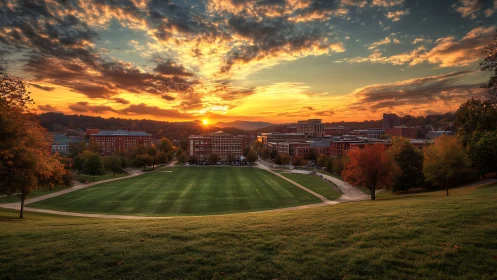 Sunlit collegiate quad overlooking cityscape at vivid sunset.