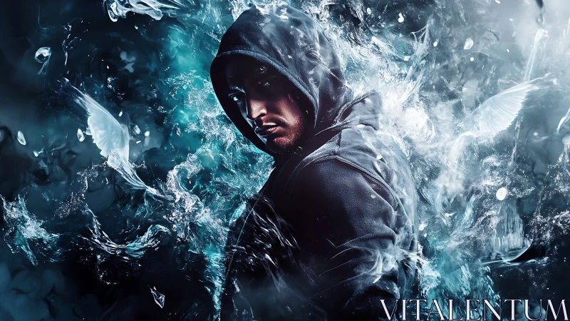 Hooded cyber-rogue in turbulent aquamarine energy vortex.